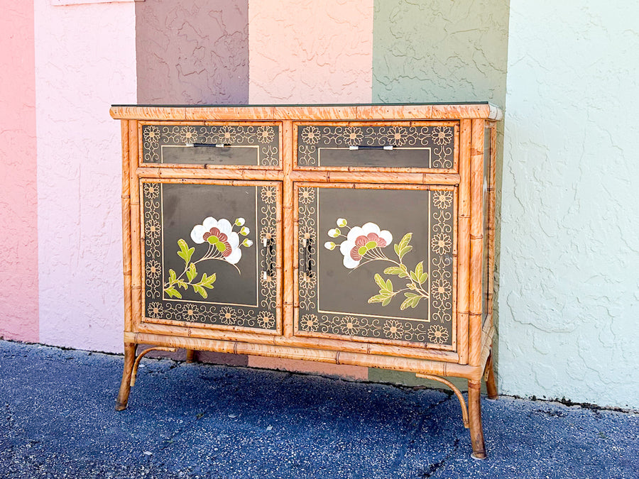 Hand Painted Tortoiseshell Rattan Credenza