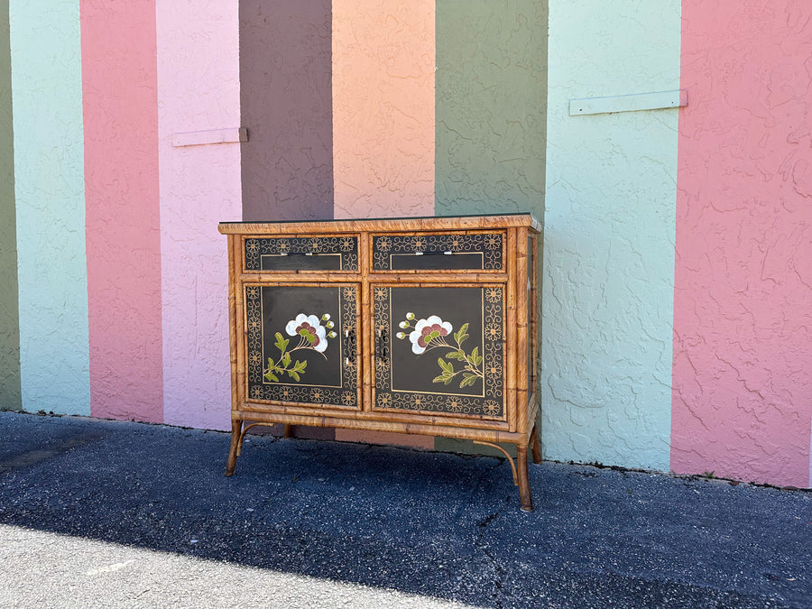 Hand Painted Tortoiseshell Rattan Credenza
