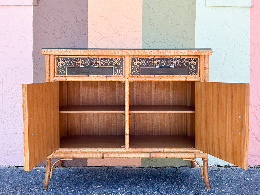 Hand Painted Tortoiseshell Rattan Credenza