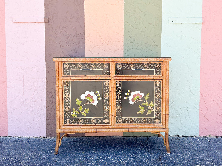 Hand Painted Tortoiseshell Rattan Credenza