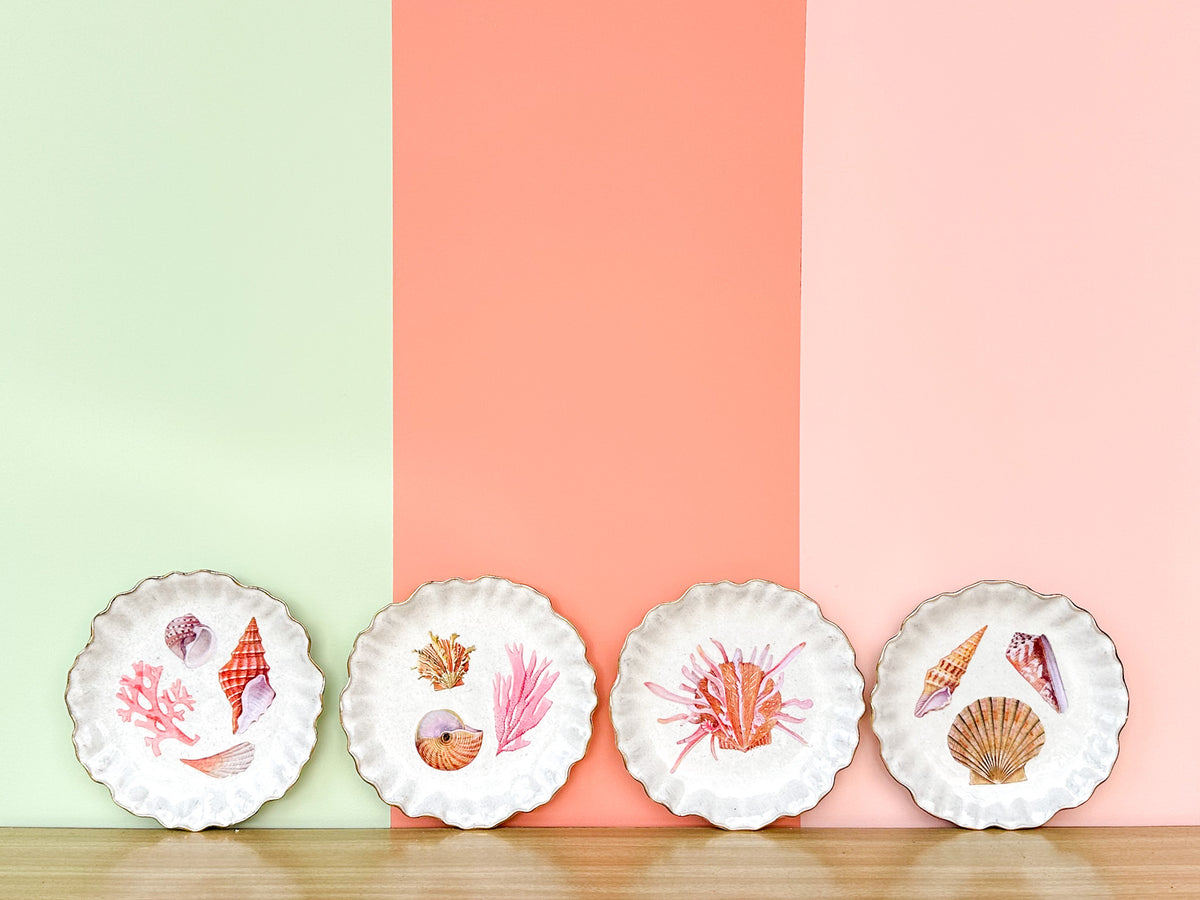 Set of Four Decoupage Shell Plates