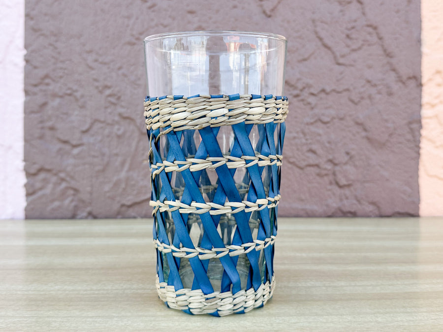 Set of Four Blue Rattan Wrapped Glassware