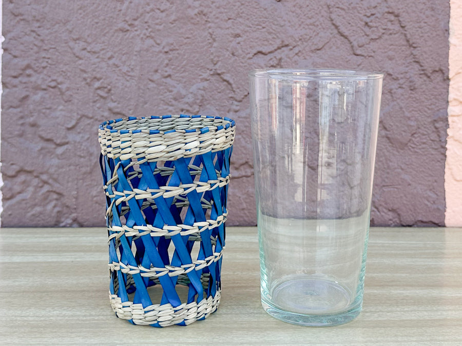 Set of Four Blue Rattan Wrapped Glassware