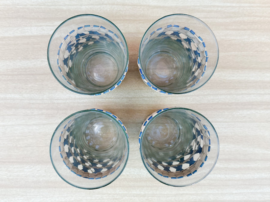 Set of Four Blue Rattan Wrapped Glassware
