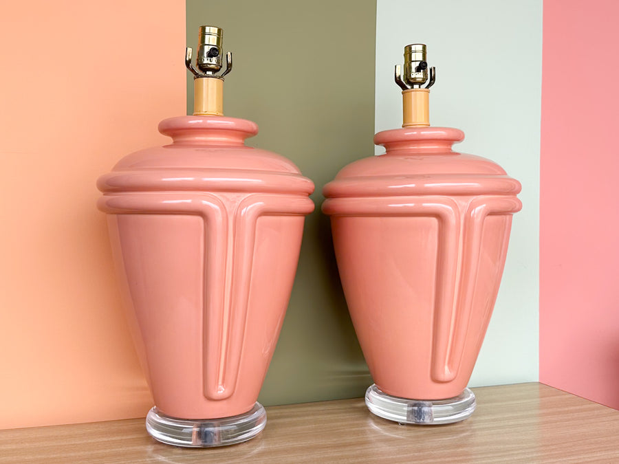 Pair of 80's Chic Salmon and Lucite Lamps