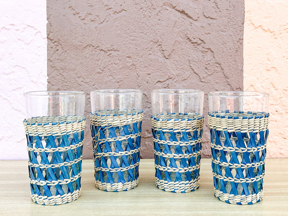 Set of Four Blue Rattan Wrapped Glassware