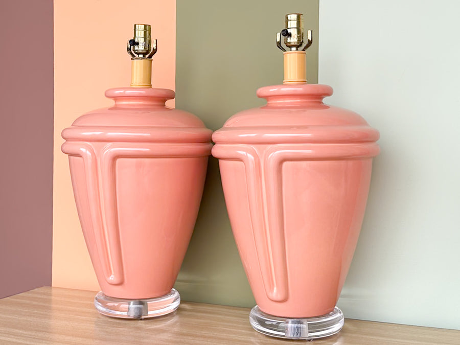 Pair of 80's Chic Salmon and Lucite Lamps
