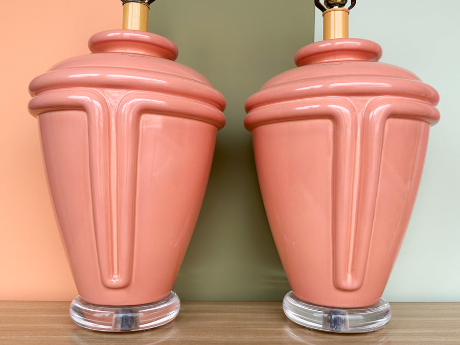 Pair of 80's Chic Salmon and Lucite Lamps