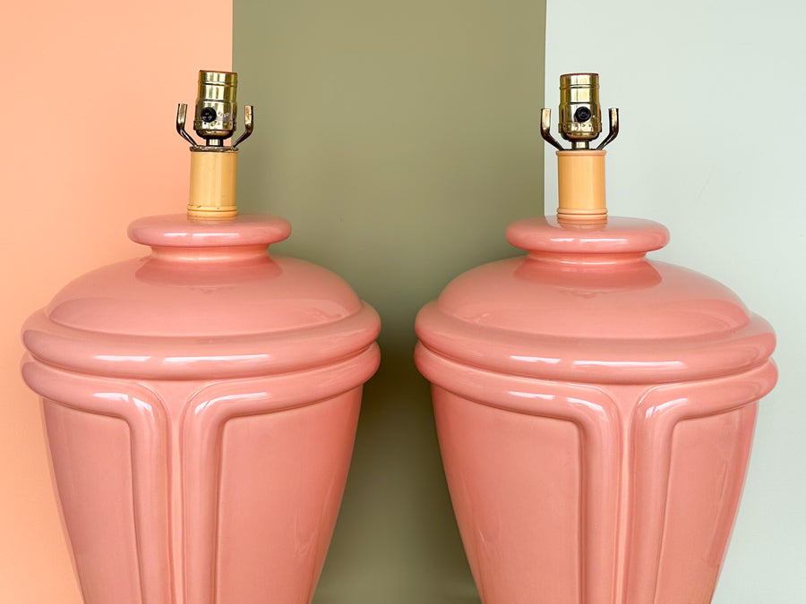 Pair of 80's Chic Salmon and Lucite Lamps