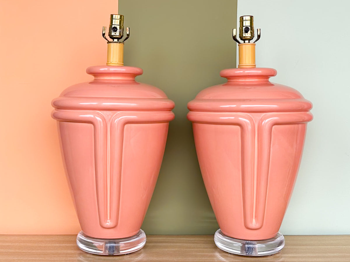 Pair of 80's Chic Salmon and Lucite Lamps