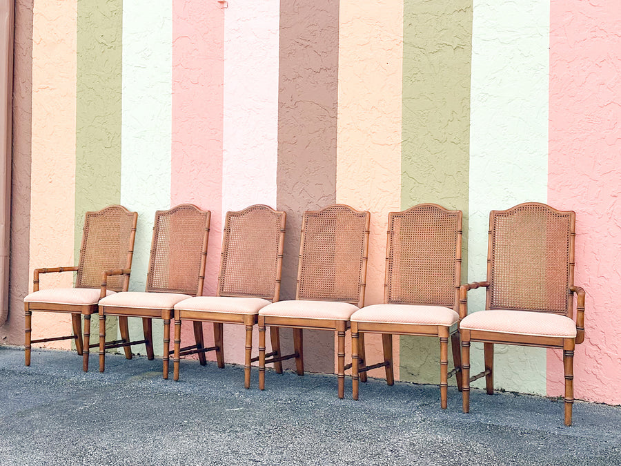 Set of Six Handsome Faux Bamboo and Cane Dining Chairs