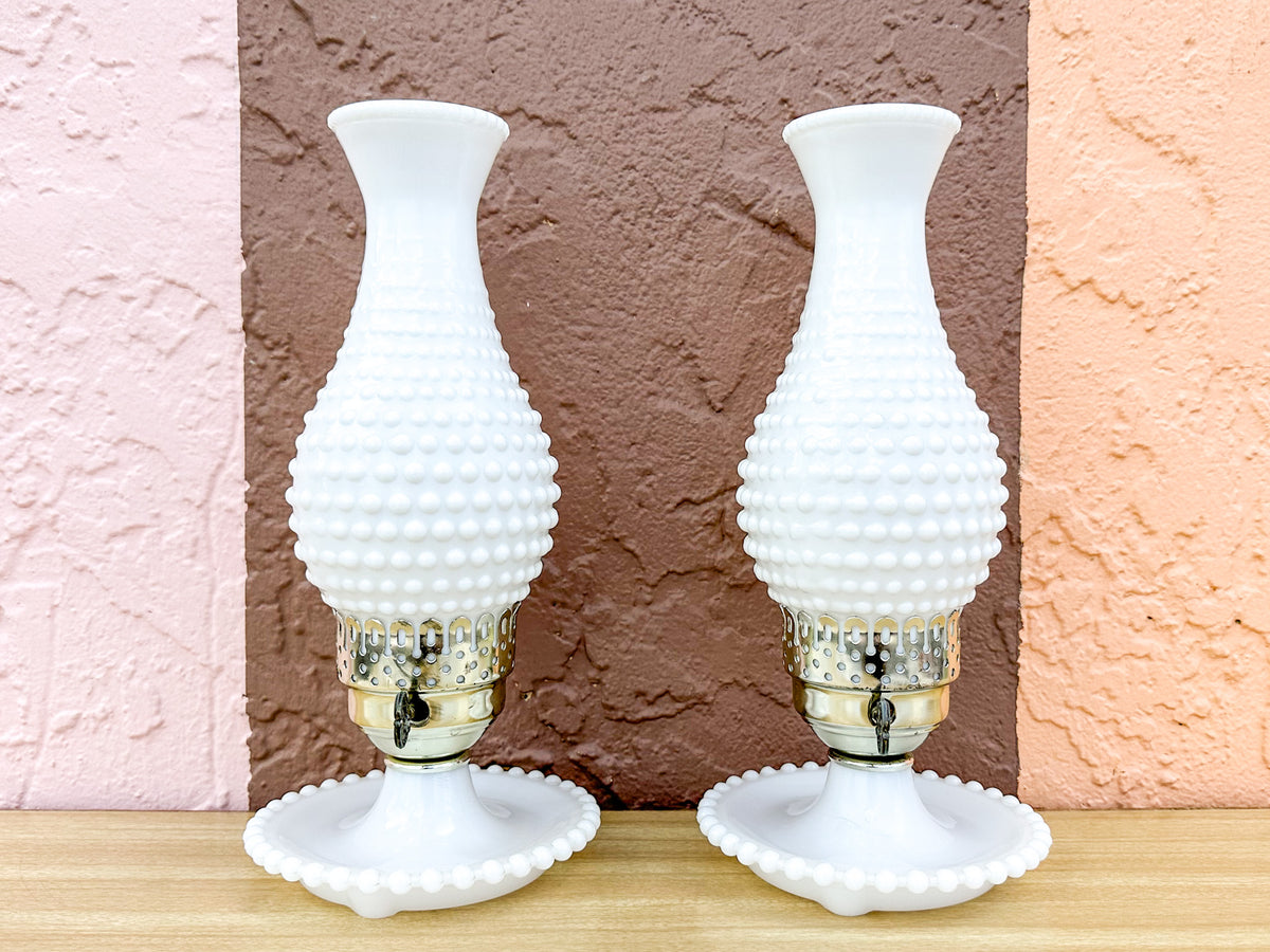 Pair of Hobnail Hurricane Lamps