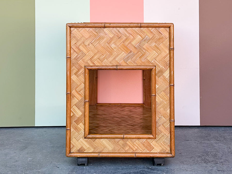 Woven Rattan Nightstand on Casters