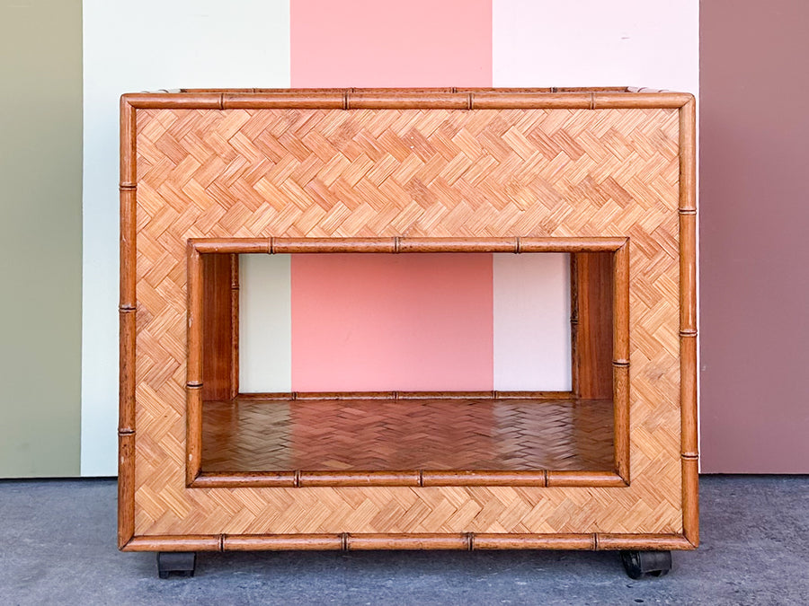 Woven Rattan Nightstand on Casters