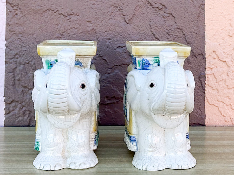 Pair of Petite Crackled Cream Ceramic Elephants