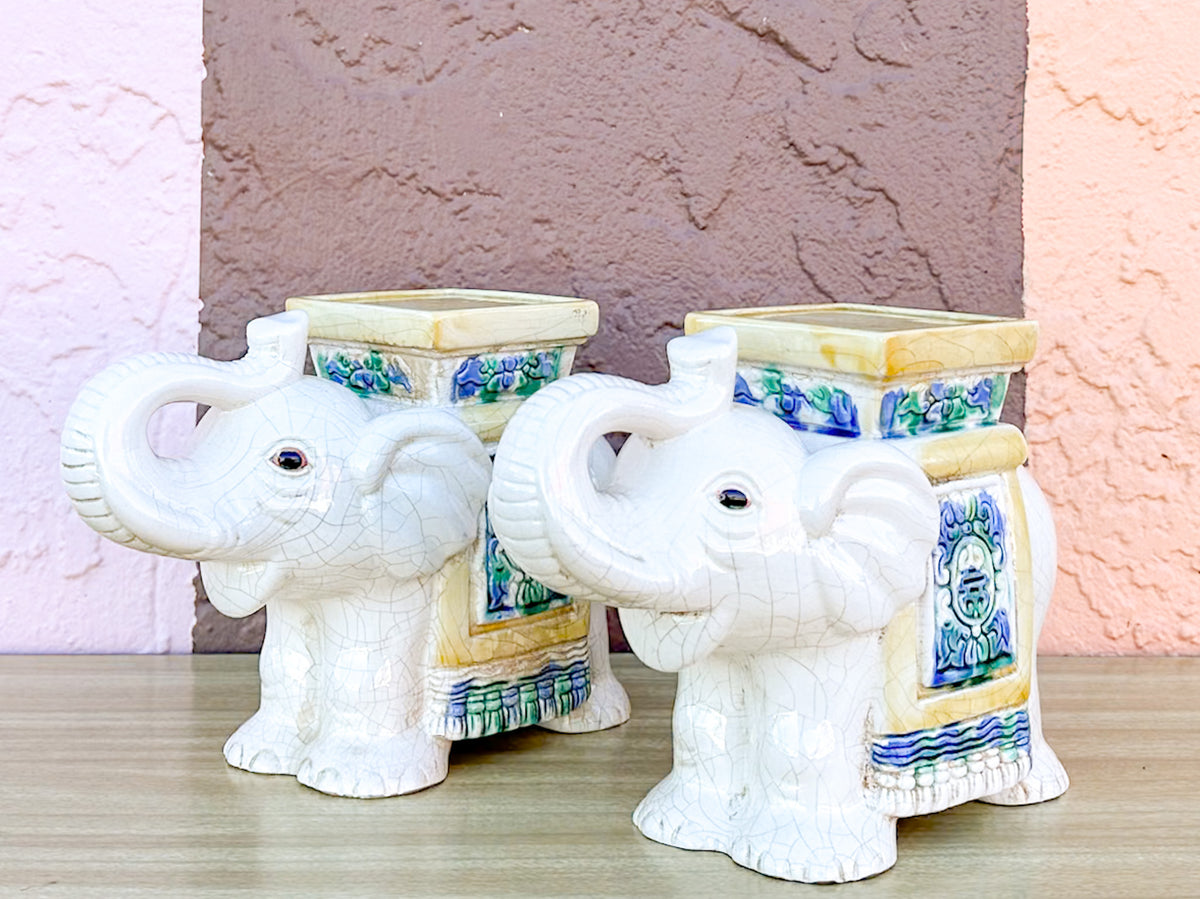 Pair of Petite Crackled Cream Ceramic Elephants