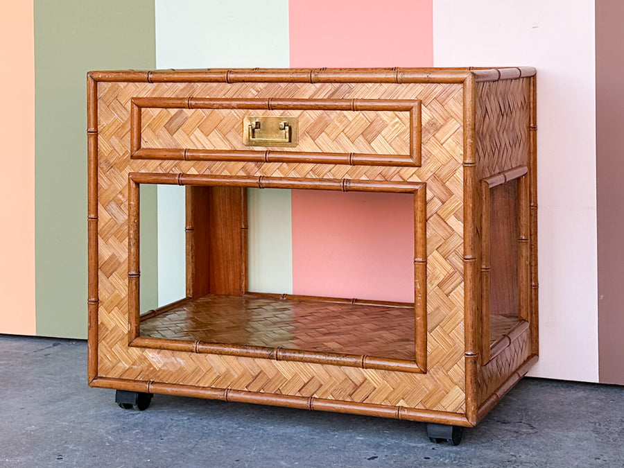 Woven Rattan Nightstand on Casters