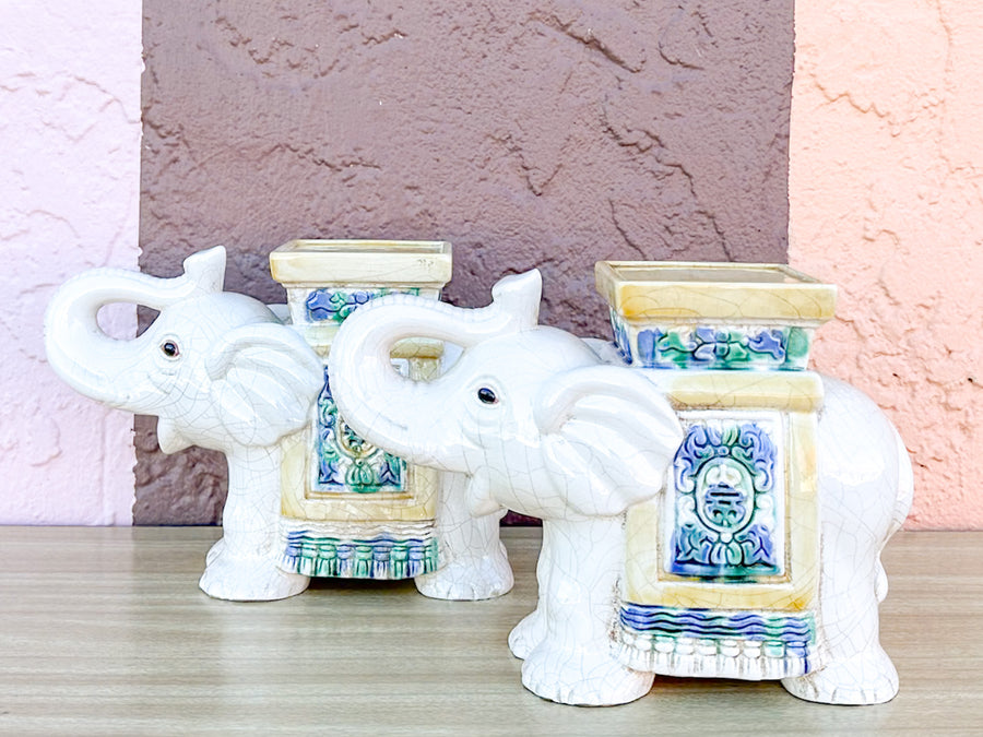 Pair of Petite Crackled Cream Ceramic Elephants