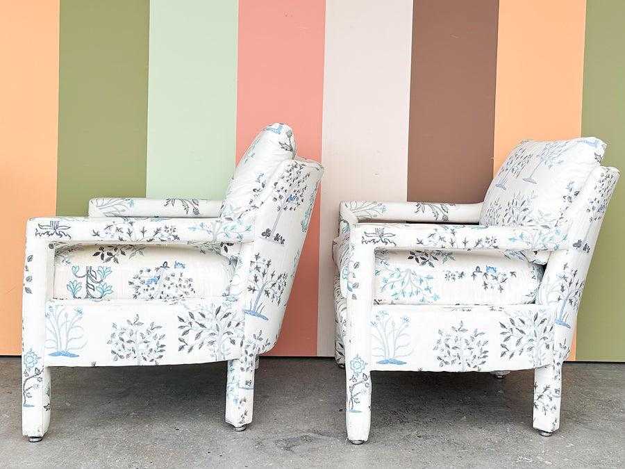 Pair of Pretty Blue and White Parsons Style Upholstered Chairs