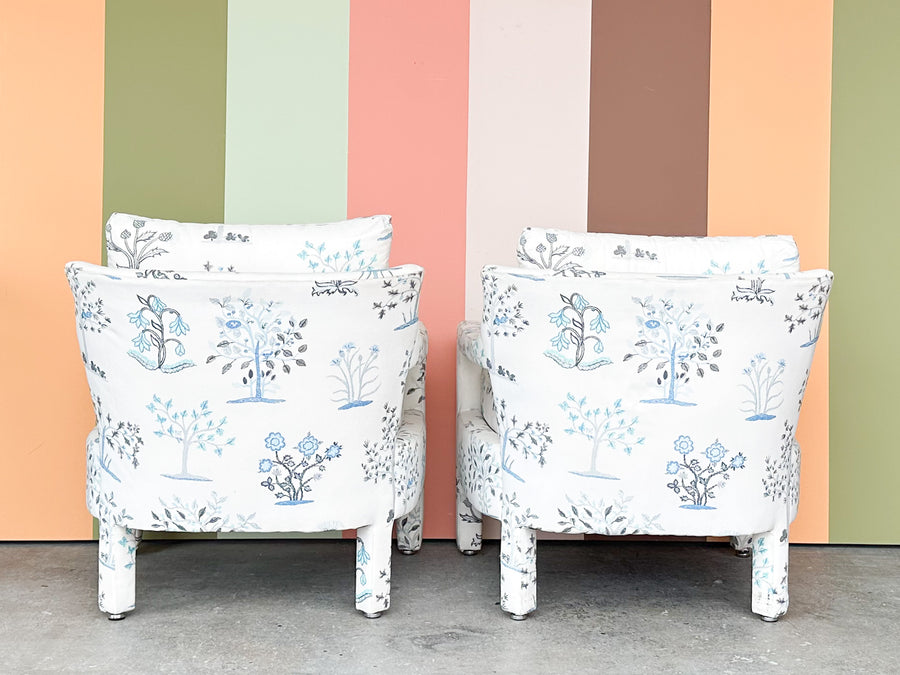 Pair of Pretty Blue and White Parsons Style Upholstered Chairs