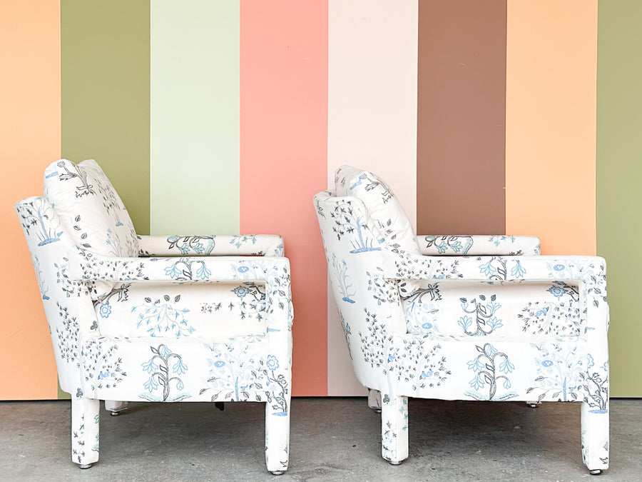 Pair of Pretty Blue and White Parsons Style Upholstered Chairs