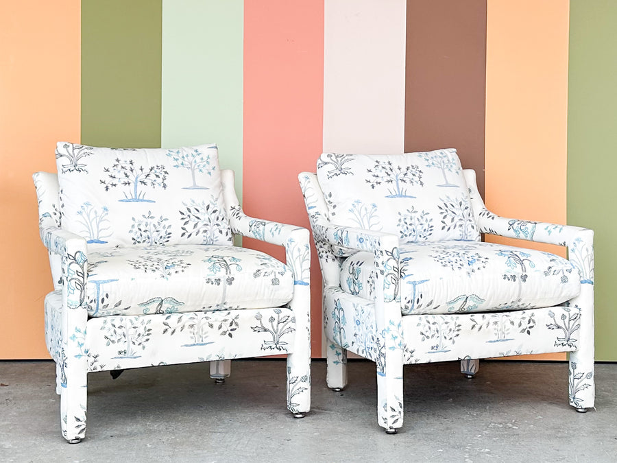 Pair of Pretty Blue and White Parsons Style Upholstered Chairs