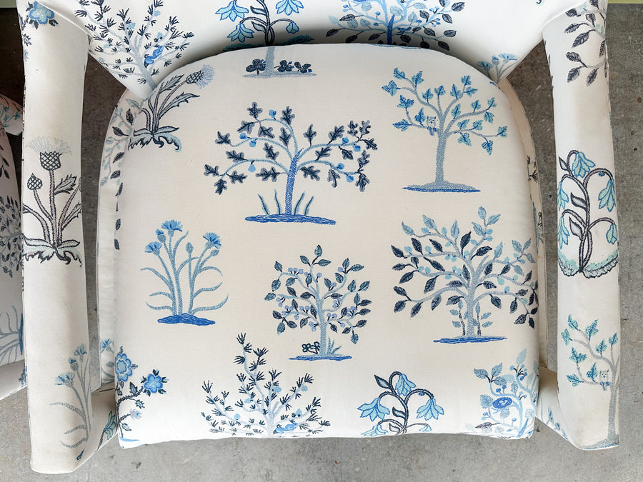 Pair of Pretty Blue and White Parsons Style Upholstered Chairs