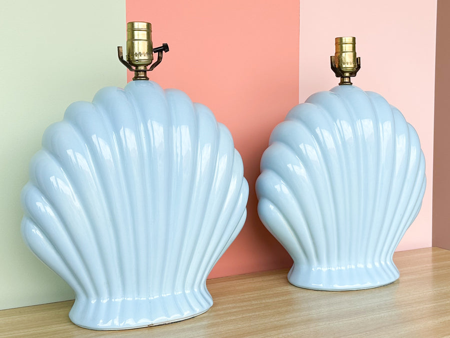 Pair of Coastal Blue Clam Shell Lamps