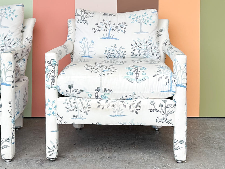 Pair of Pretty Blue and White Parsons Style Upholstered Chairs