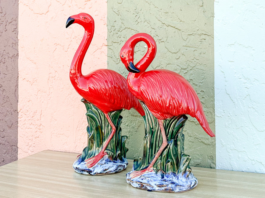 Pair of Hot Pink Ceramic Flamingos