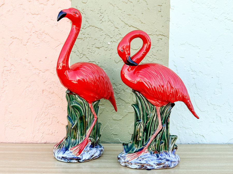 Pair of Hot Pink Ceramic Flamingos