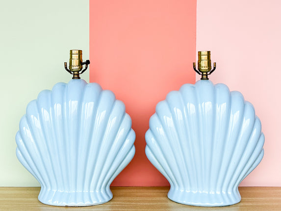 Pair of Coastal Blue Clam Shell Lamps