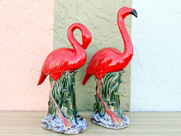 Pair of Hot Pink Ceramic Flamingos
