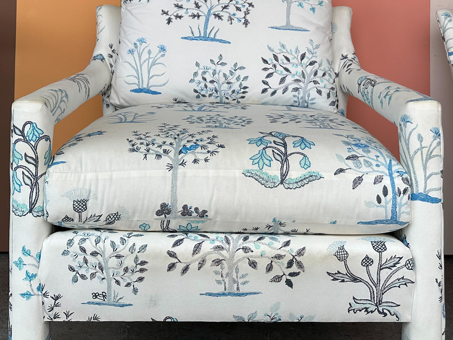 Pair of Pretty Blue and White Parsons Style Upholstered Chairs