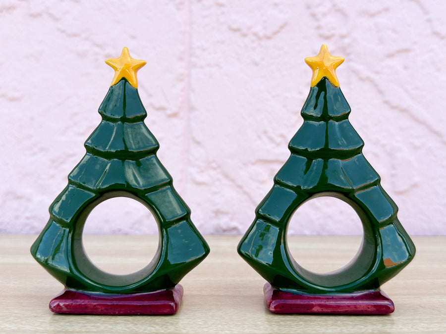 Set of Six Ceramic Christmas Tree Napkin Rings