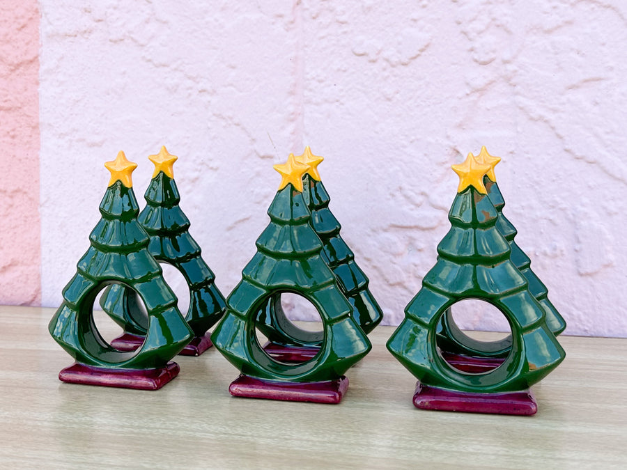 Set of Six Ceramic Christmas Tree Napkin Rings