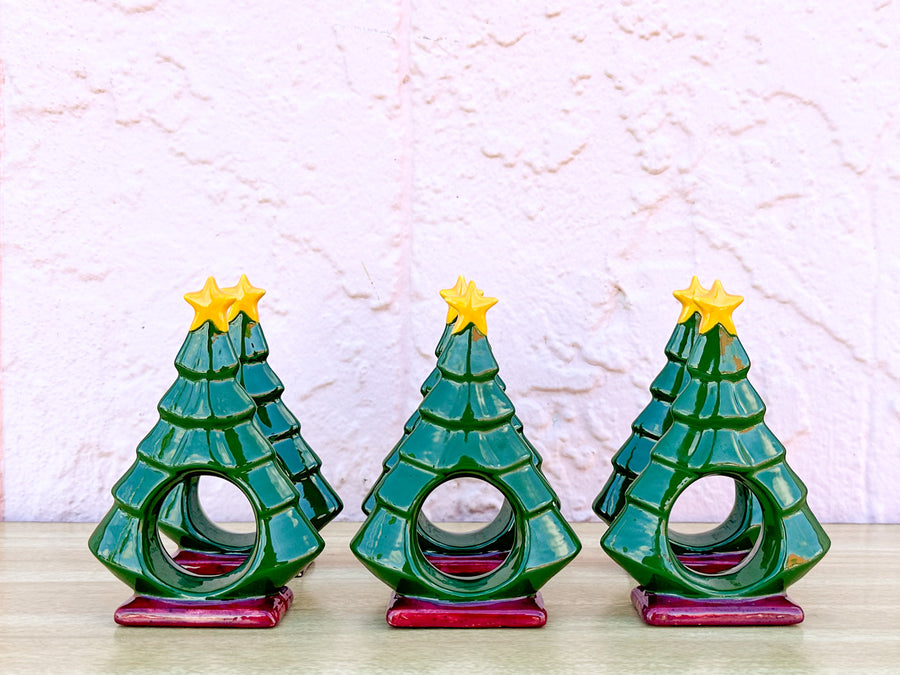 Set of Six Ceramic Christmas Tree Napkin Rings
