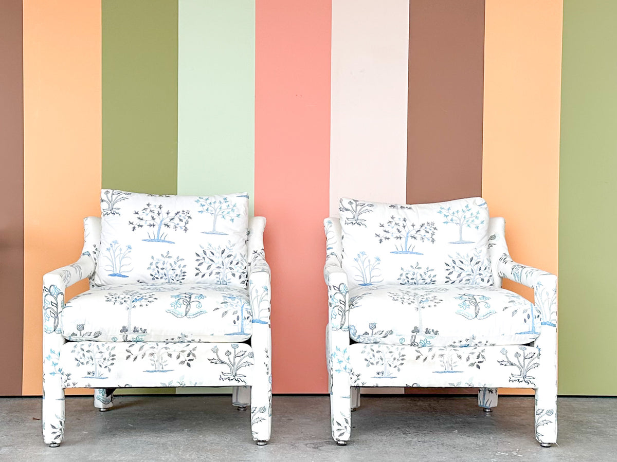 Pair of Pretty Blue and White Parsons Style Upholstered Chairs