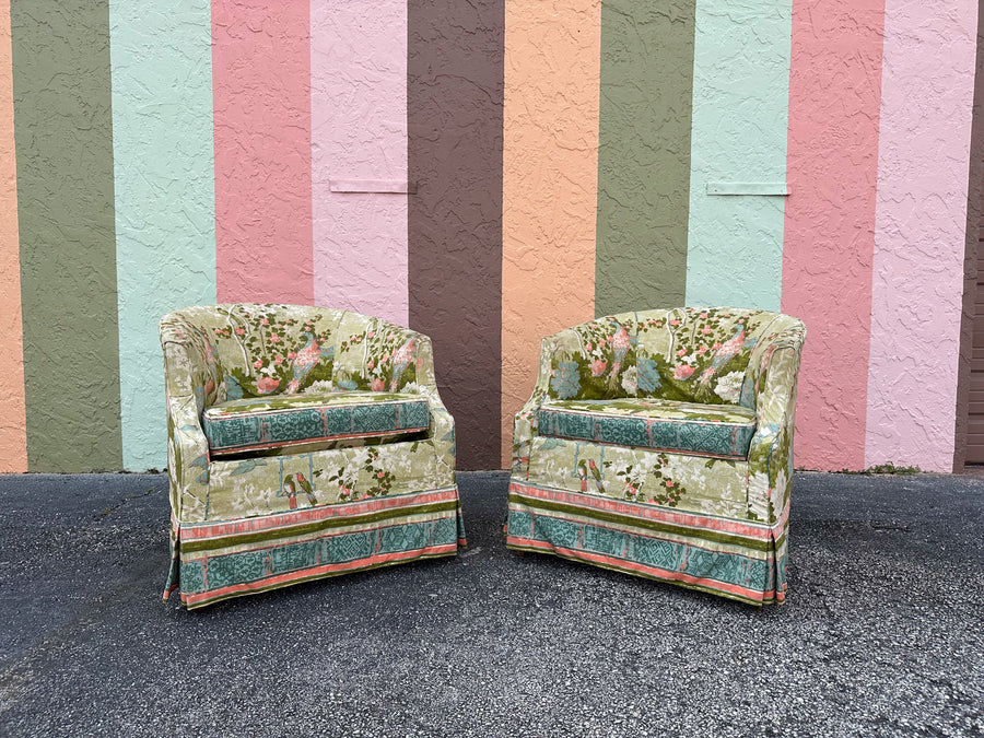 Pair of Chinoiserie Chic Upholstered Barrel Chairs