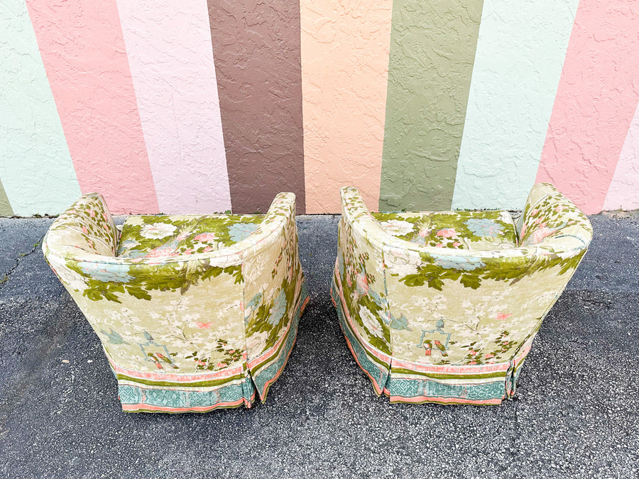 Pair of Chinoiserie Chic Upholstered Barrel Chairs
