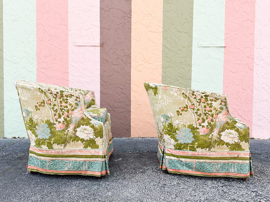 Pair of Chinoiserie Chic Upholstered Barrel Chairs