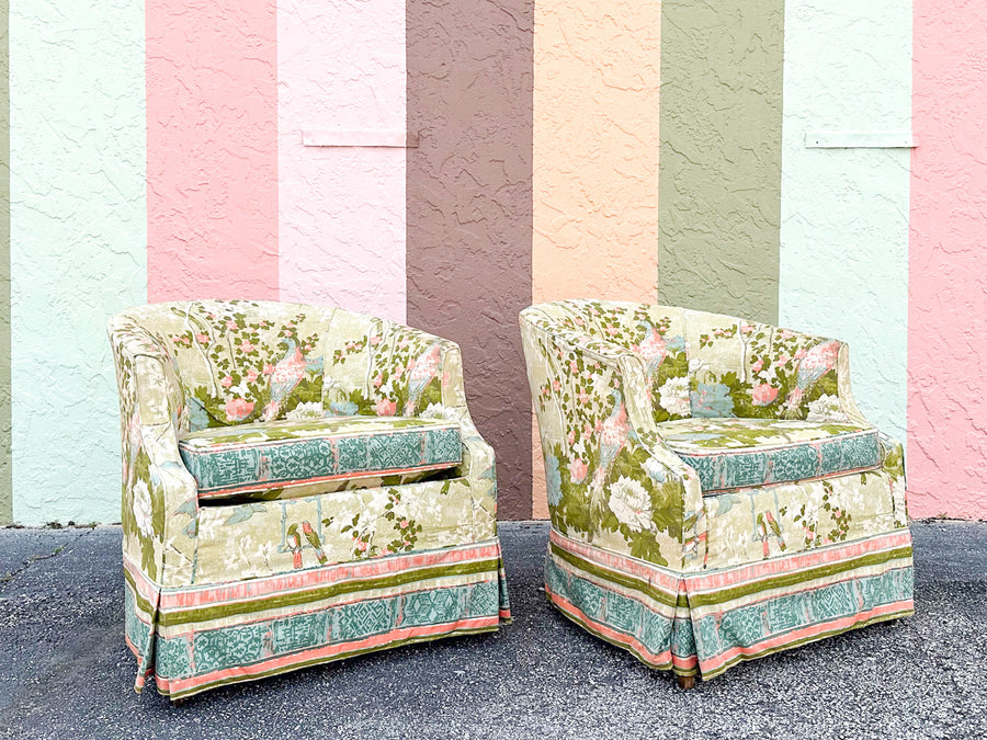 Pair of Chinoiserie Chic Upholstered Barrel Chairs