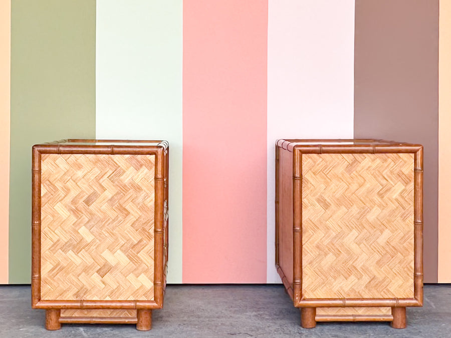Pair of Old Florida Parquet Rattan Nightstands