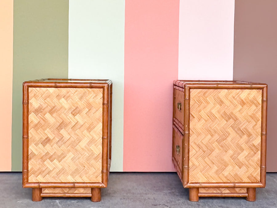 Pair of Old Florida Parquet Rattan Nightstands