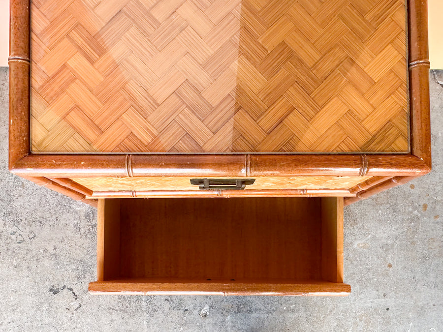 Pair of Old Florida Parquet Rattan Nightstands