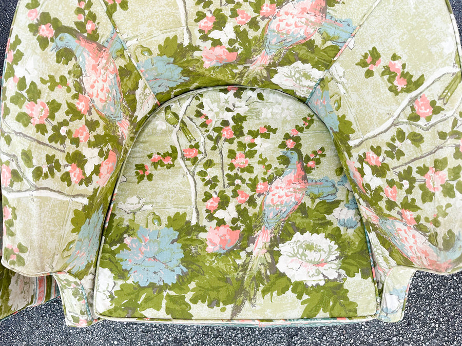 Pair of Chinoiserie Chic Upholstered Barrel Chairs
