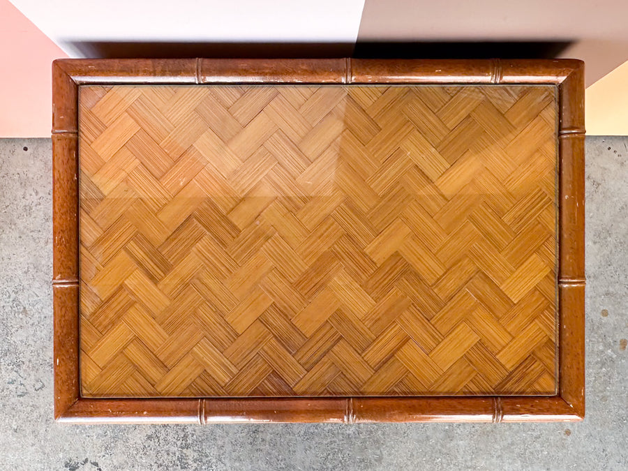 Pair of Old Florida Parquet Rattan Nightstands