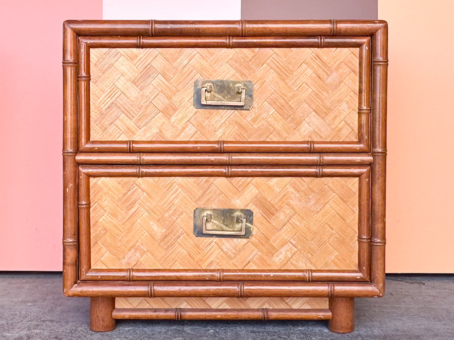 Pair of Old Florida Parquet Rattan Nightstands