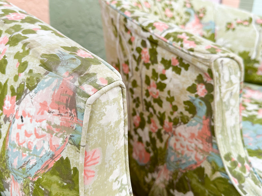 Pair of Chinoiserie Chic Upholstered Barrel Chairs