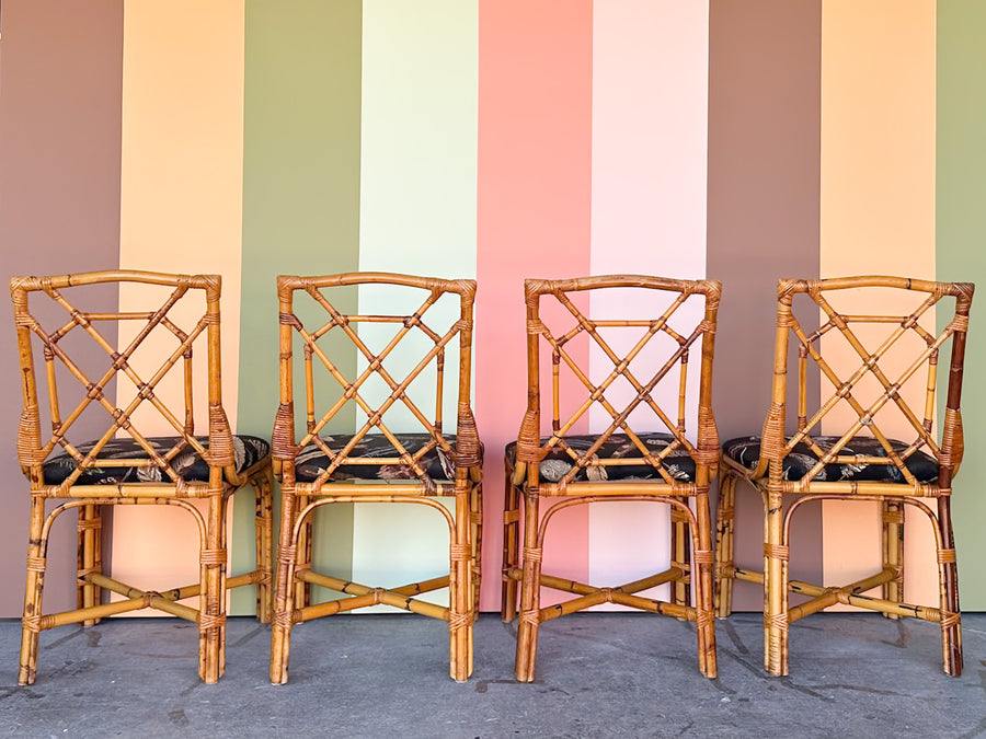 Set of Four Fretwork Rattan Dining Chairs
